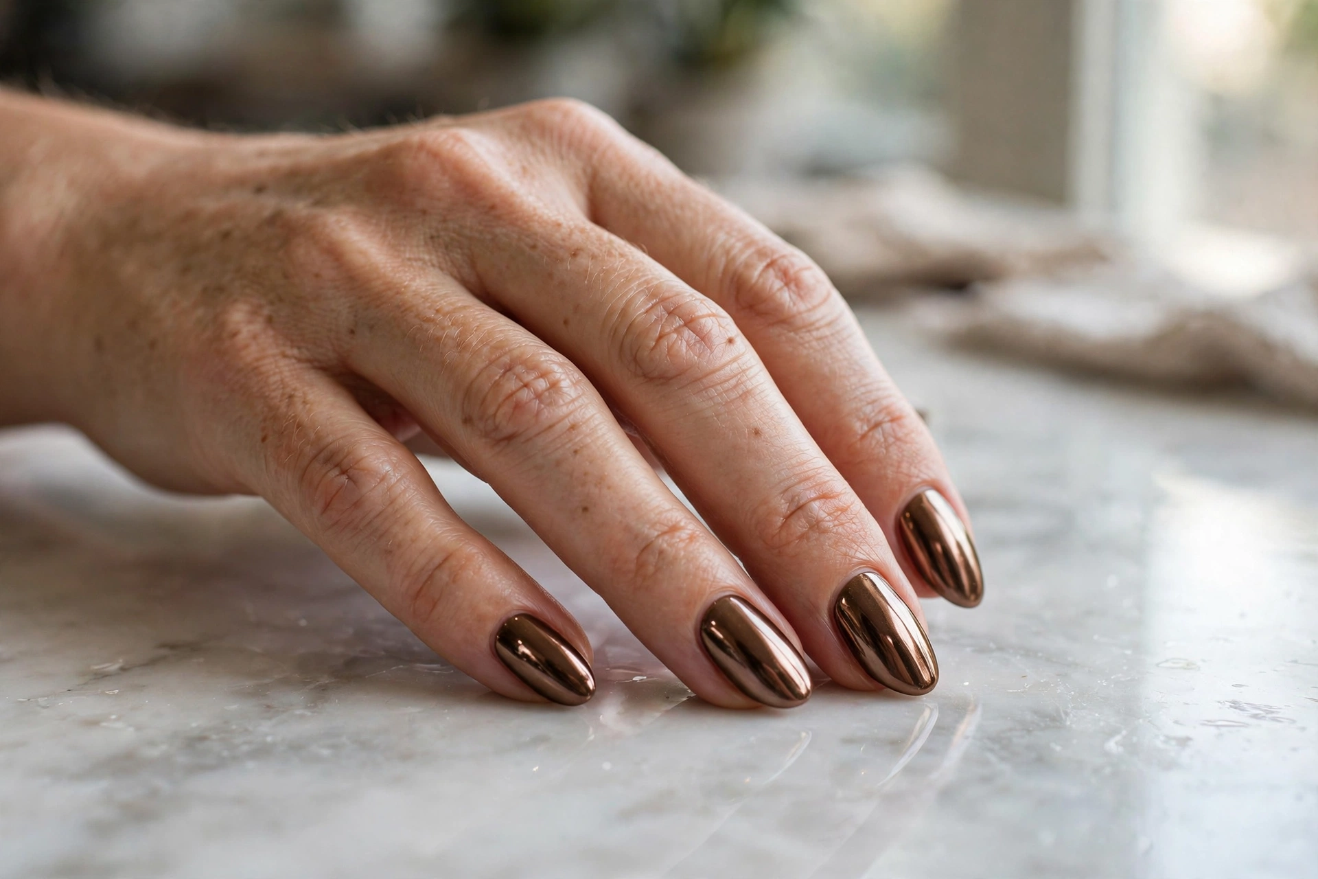 Brown chrome mirror nails