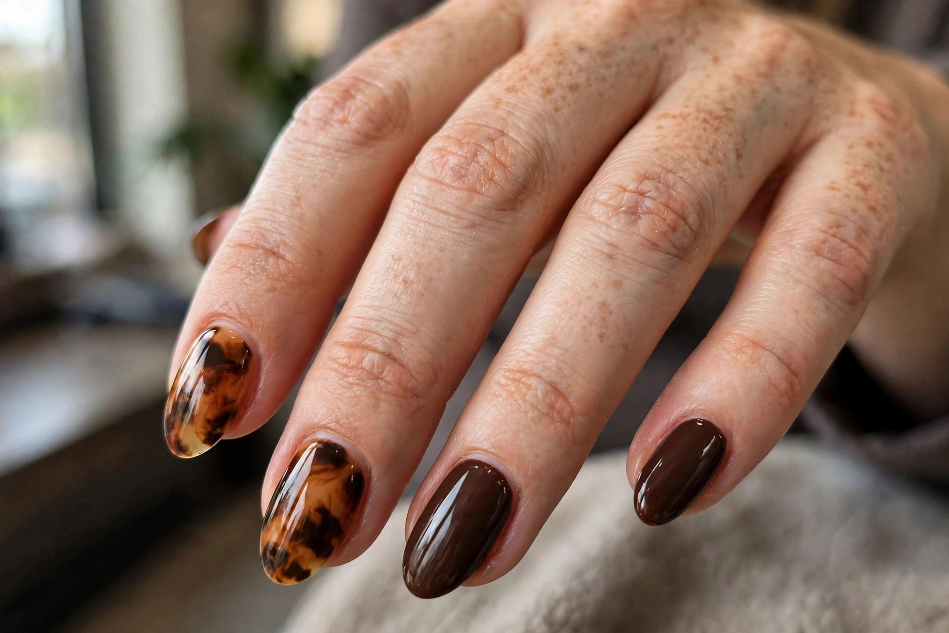Tortoiseshell accent nails with chocolate
