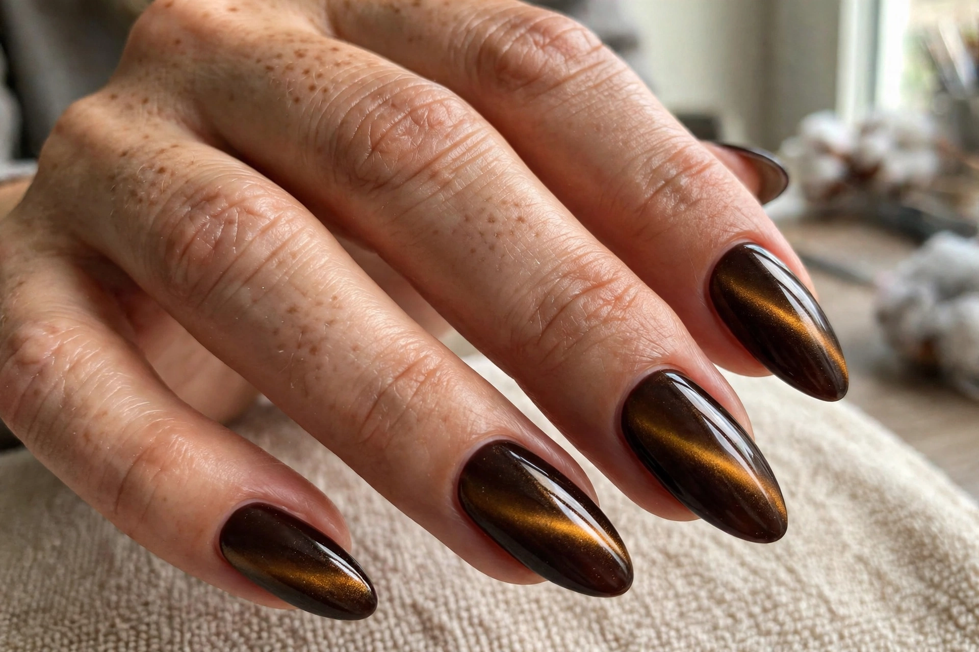 Amber cat-eye velvet magnetic nails
