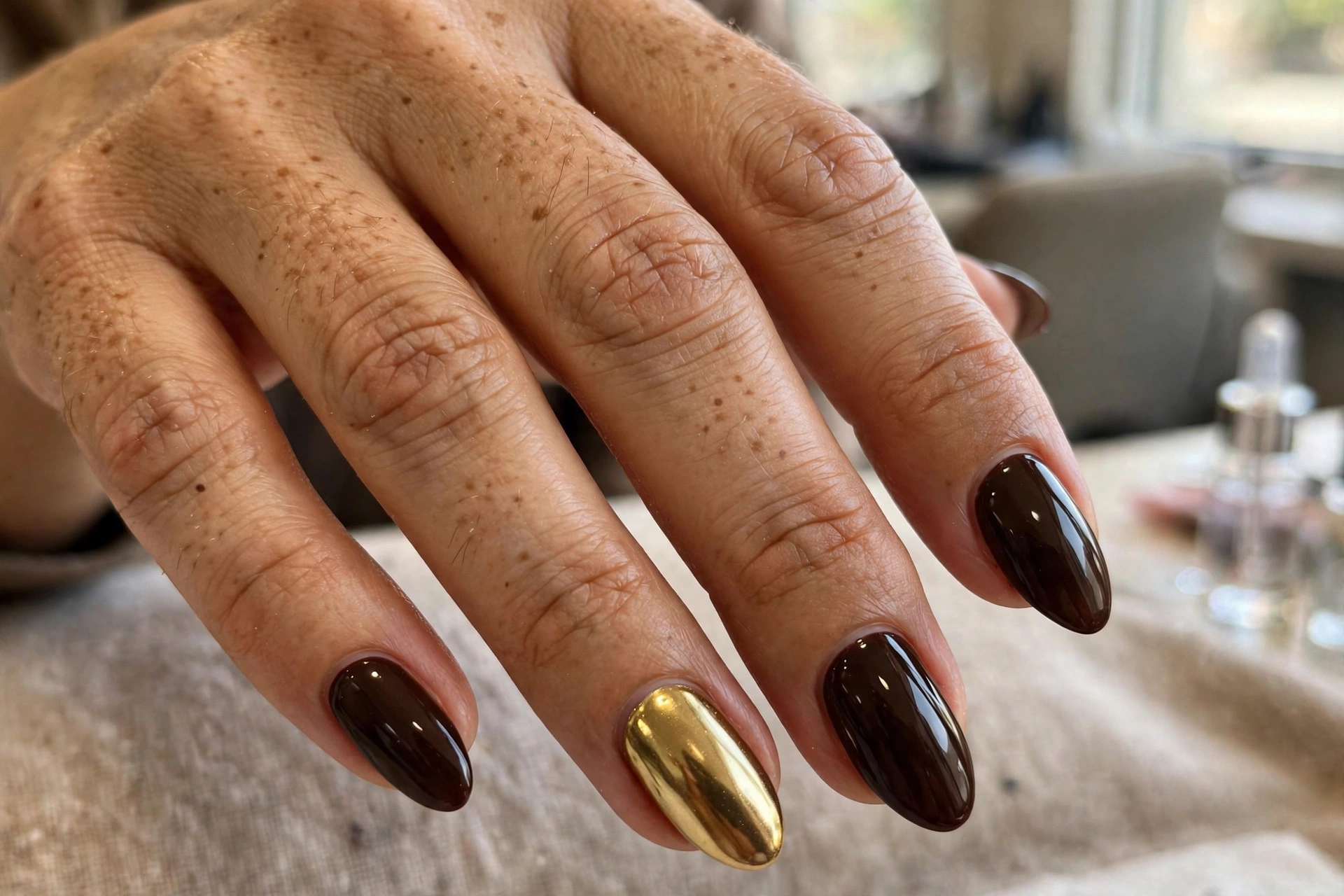 Espresso nails with gold chrome accent nail
