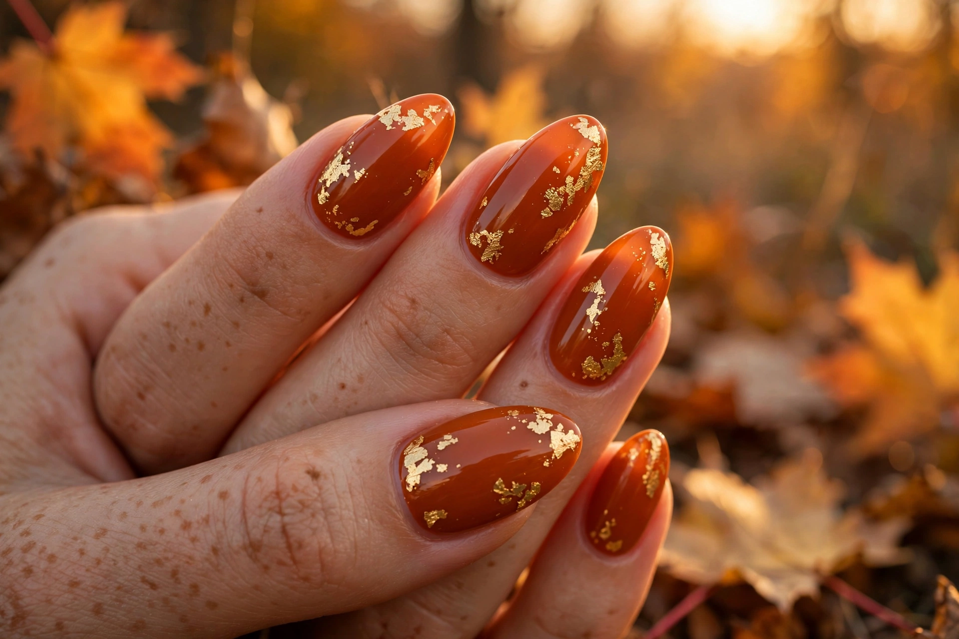 Gold leaf accents on fall nails