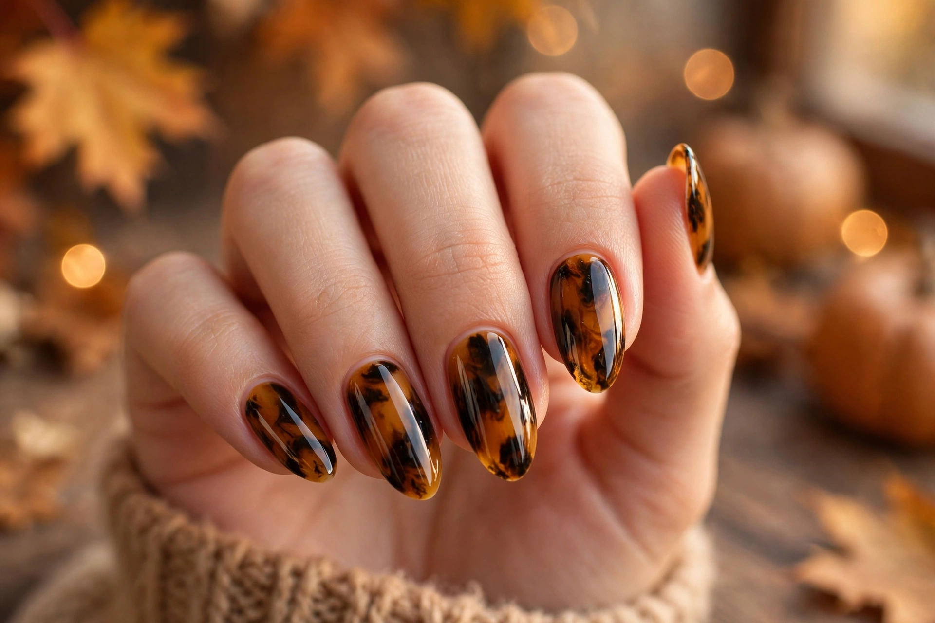 Tortoiseshell nail art in amber and brown