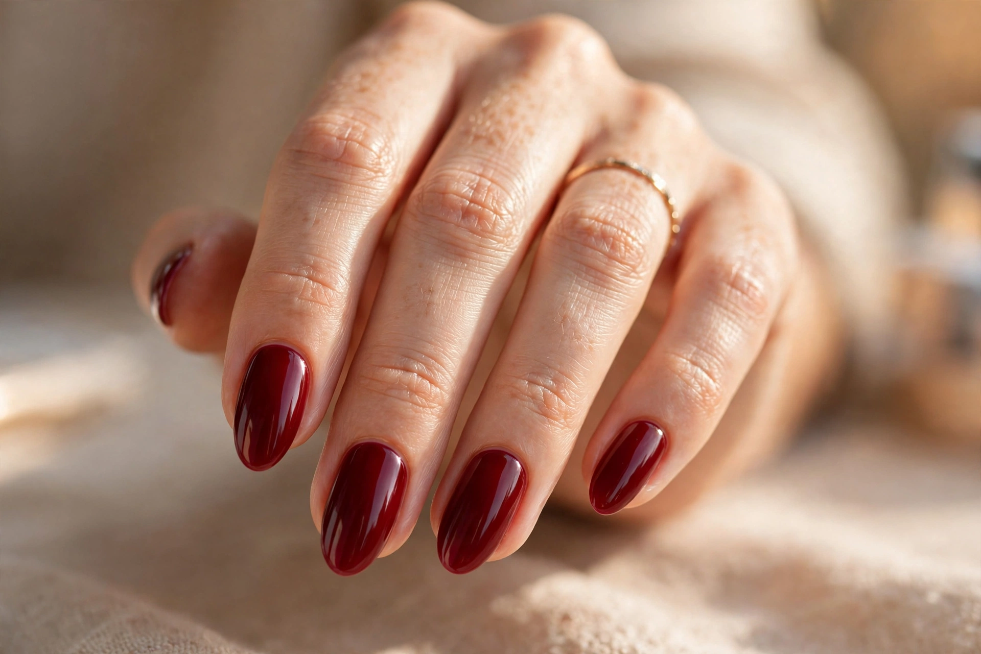 Classic glossy wine-red manicure on almond nails