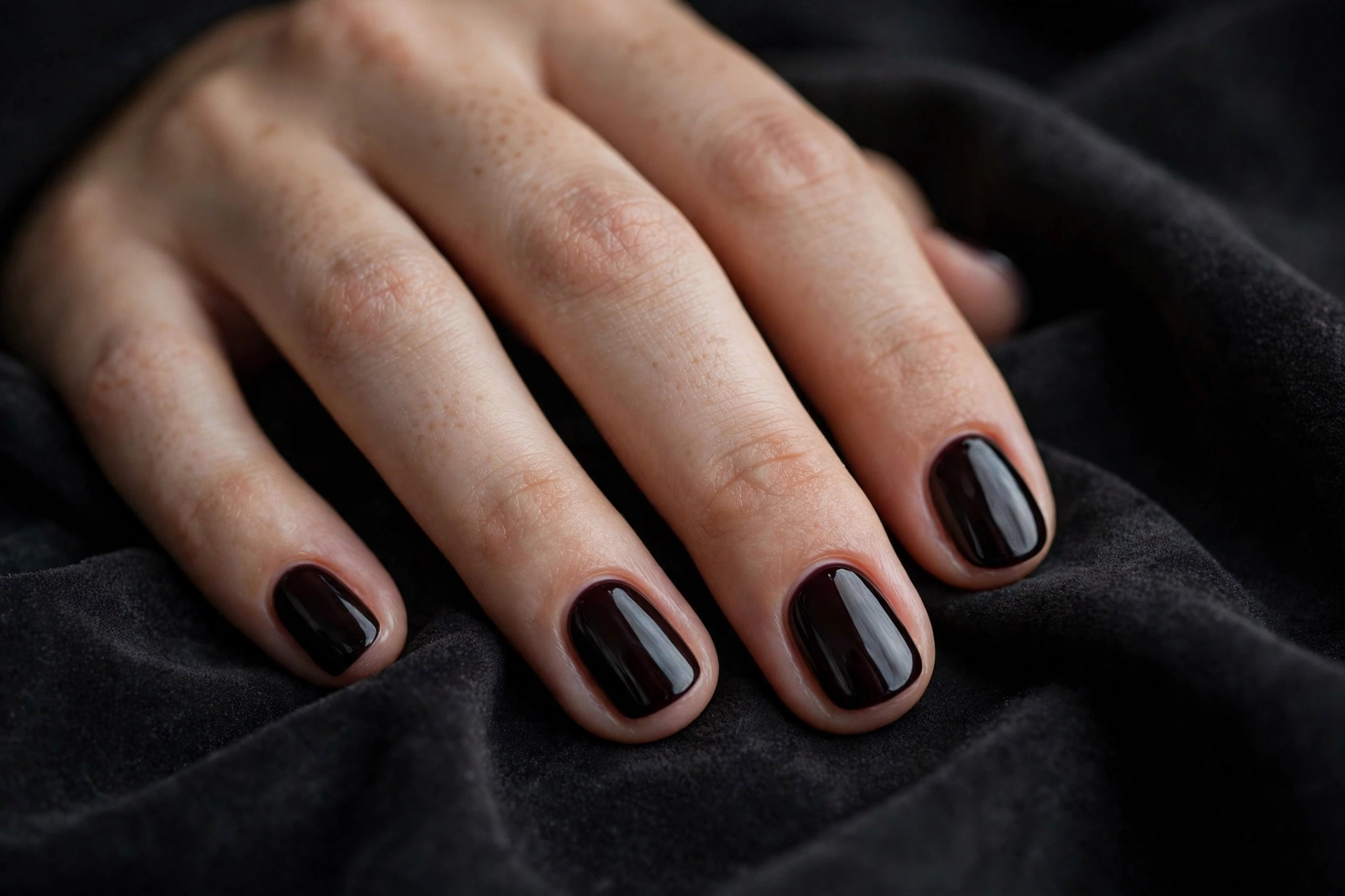 Short oval nails in deep black-cherry polish