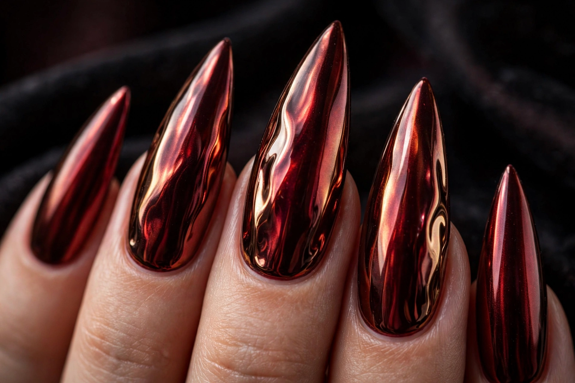 Dark cherry chrome nails with molten finish