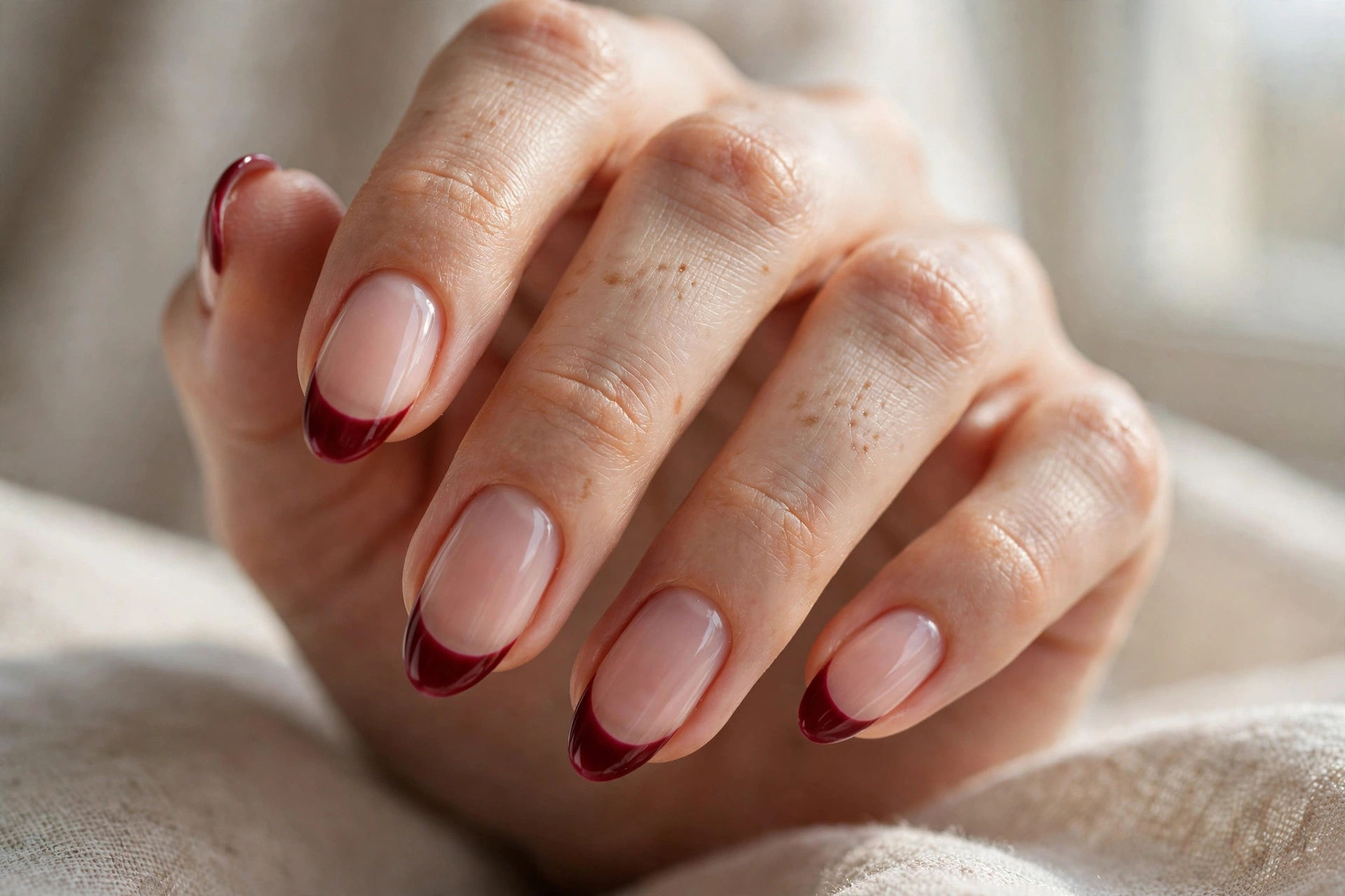 Cherry-red French tip nails on sheer nude base