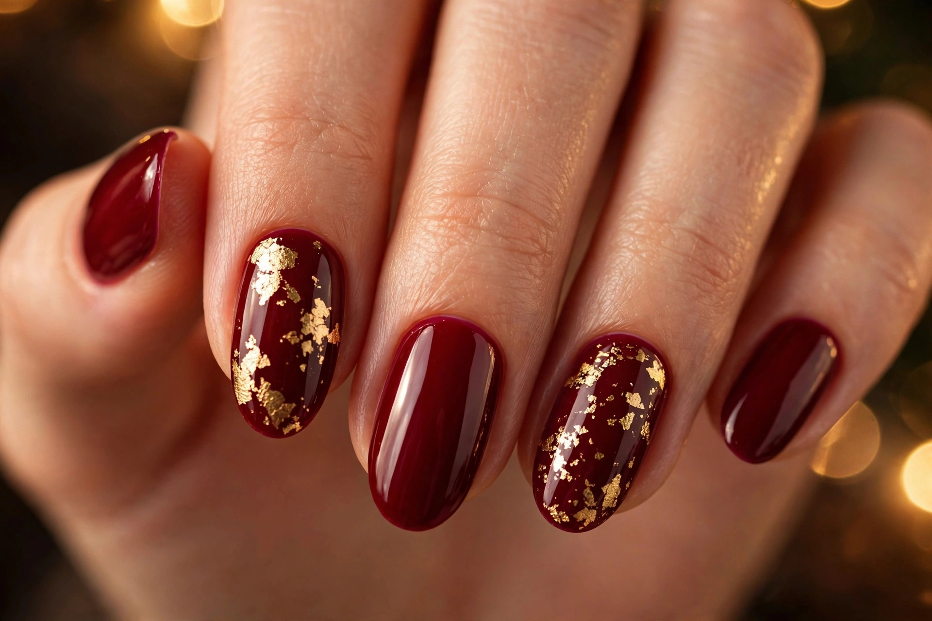 Wine-red nails with gold foil accents
