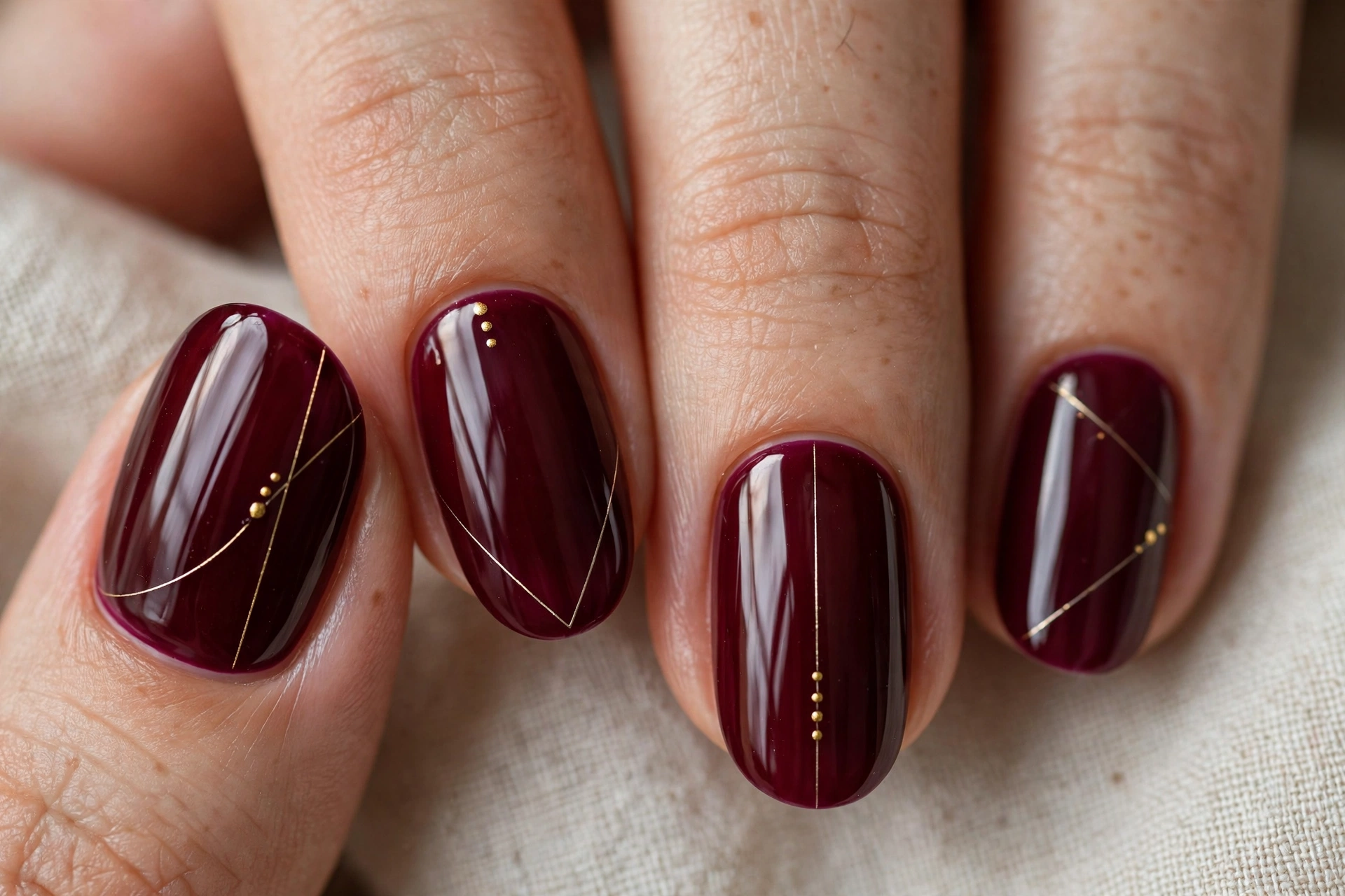 Wine nails with tiny gold line art details
