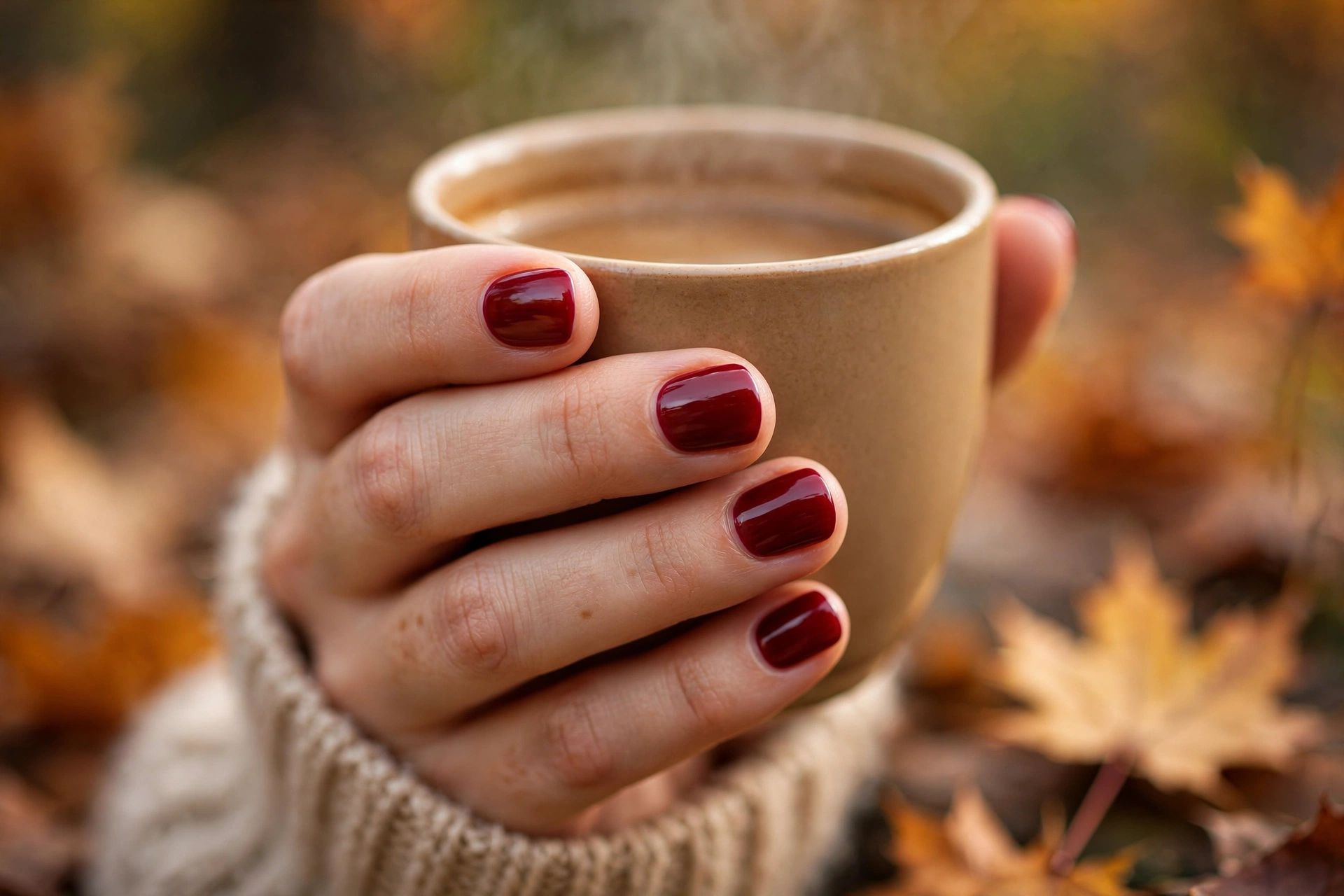 Short rounded natural nails in wine polish